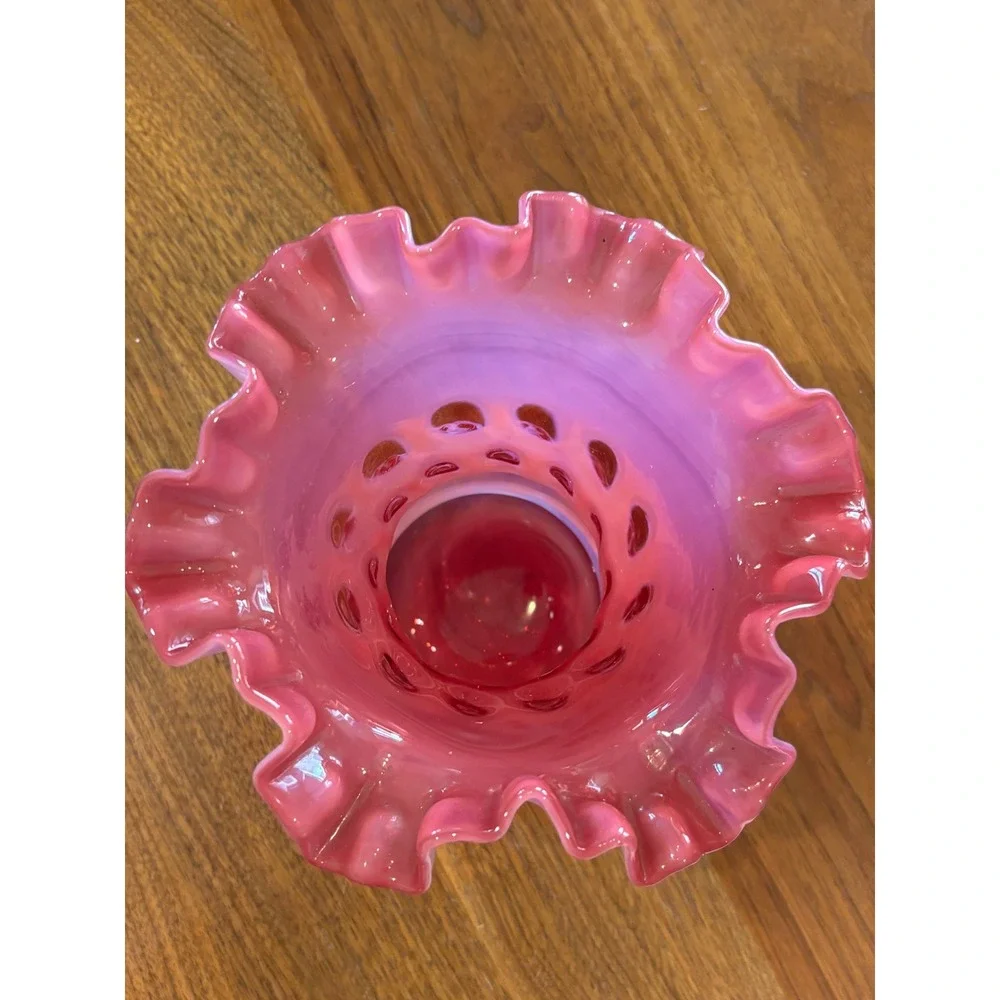 Fenton Cranberry Opalescent Coin Dot Ruffled Vase 6 Inch Pink Art Glass Vintage